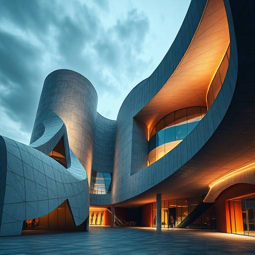 A collection of architectural photographs showcasing modern buildings with unique shapes, textures, and lighting conditions.