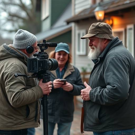 A documentary film crew interviewing a local historian, exemplifying our expertise in documentary filmmaking.