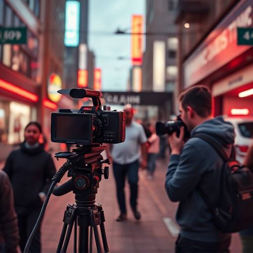 A film crew shooting a commercial in a vibrant urban setting, capturing the energy of city life.