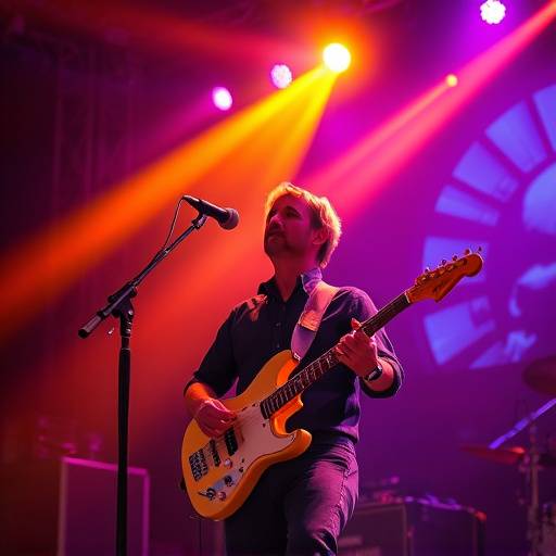A musician performing on stage bathed in colorful stage lighting, capturing the energy of live music photography.