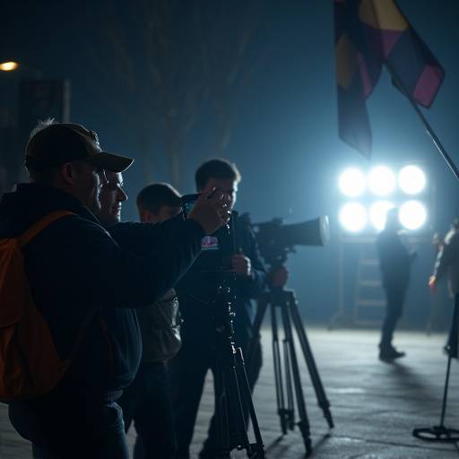 Behind-the-scenes shot of a film production with crew members setting up lighting for a night scene.