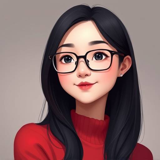 Portrait of Sarah Chen, Animation Specialist. Sarah has long black hair and is wearing glasses and a red sweater.
