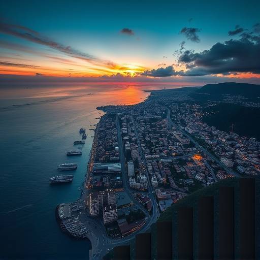 Stunning aerial view of a coastal city at sunset, showcasing our drone videography capabilities.